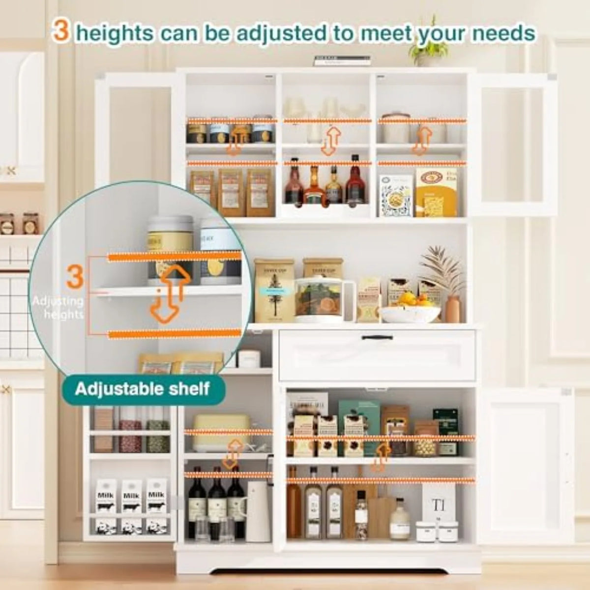 Kitchen Pantry Cabinet, Large Kitchen Hutch Formhouse Storage Cabinet with Microwave Stand, Tall Food Pantry for Dining